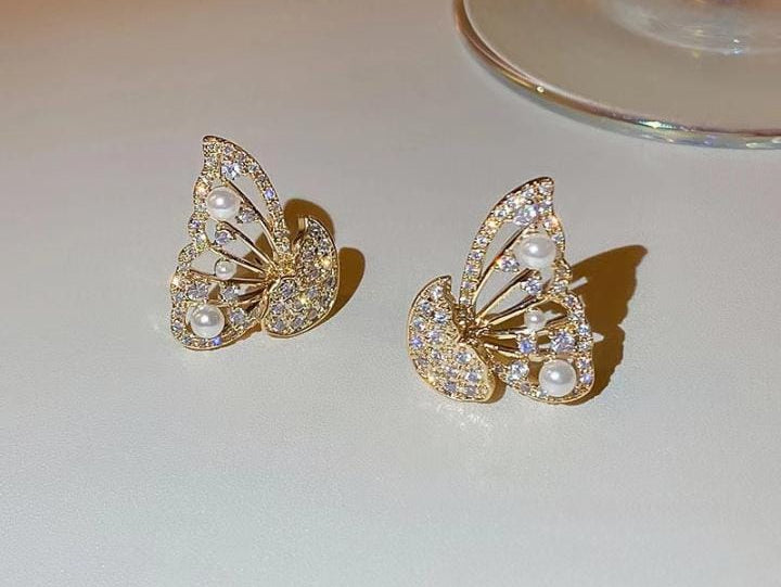 Imported Butterfly Front-Back Earrings – Zircon & Pearl Design | Luxury Fashion Jewelry for Girls & Women