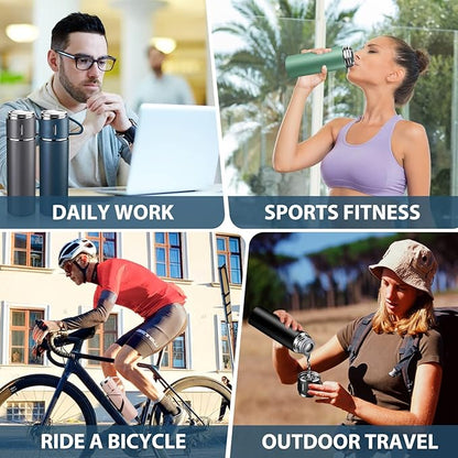 4-in-1 Stainless Steel Vacuum Water Bottle 500ml with 3 Leak-Proof Cups – Perfect for Gym, Home & Outdoor