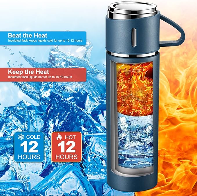 4-in-1 Stainless Steel Vacuum Water Bottle 500ml with 3 Leak-Proof Cups – Perfect for Gym, Home & Outdoor