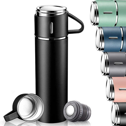 4-in-1 Stainless Steel Vacuum Water Bottle 500ml with 3 Leak-Proof Cups – Perfect for Gym, Home & Outdoor