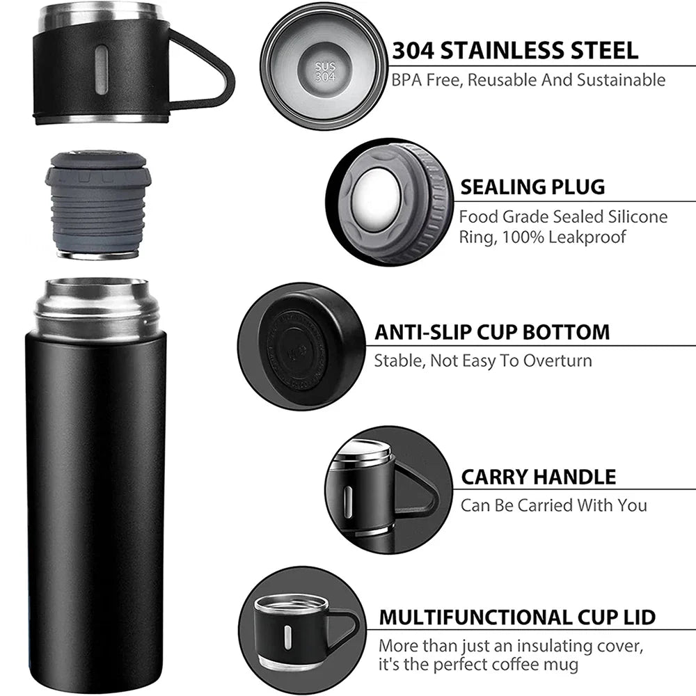 4-in-1 Stainless Steel Vacuum Water Bottle 500ml with 3 Leak-Proof Cups – Perfect for Gym, Home & Outdoor