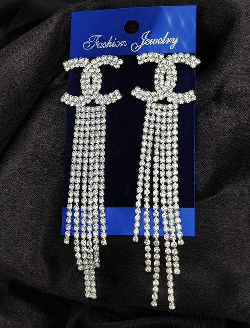 Imported Tarnish-Free Silver Long Statement Earrings – Sparkling Luxury for Glamorous Evenings | Premium Quality for Girls & Women