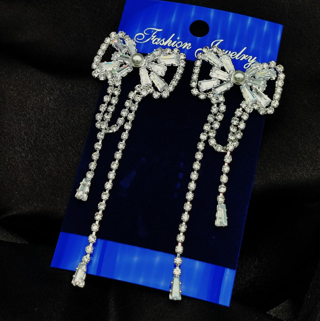 Imported Tarnish-Free Silver Long Statement Earrings – Sparkling Luxury for Glamorous Evenings | Premium Quality for Girls & Women