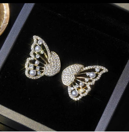 Imported Butterfly Front-Back Earrings – Zircon & Pearl Design | Luxury Fashion Jewelry for Girls & Women