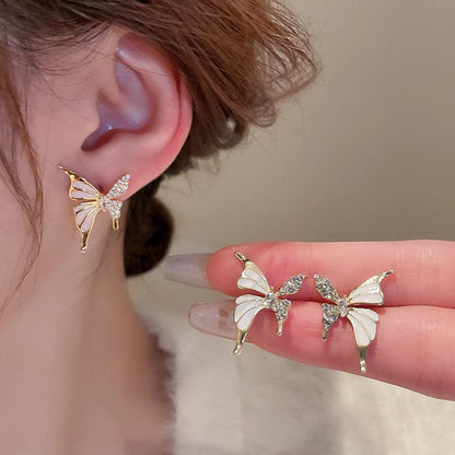 Luxury Dual-Tone Butterfly Zircon Stud Earrings for Women – Elegant Silver & Gold Fashion Jewelry