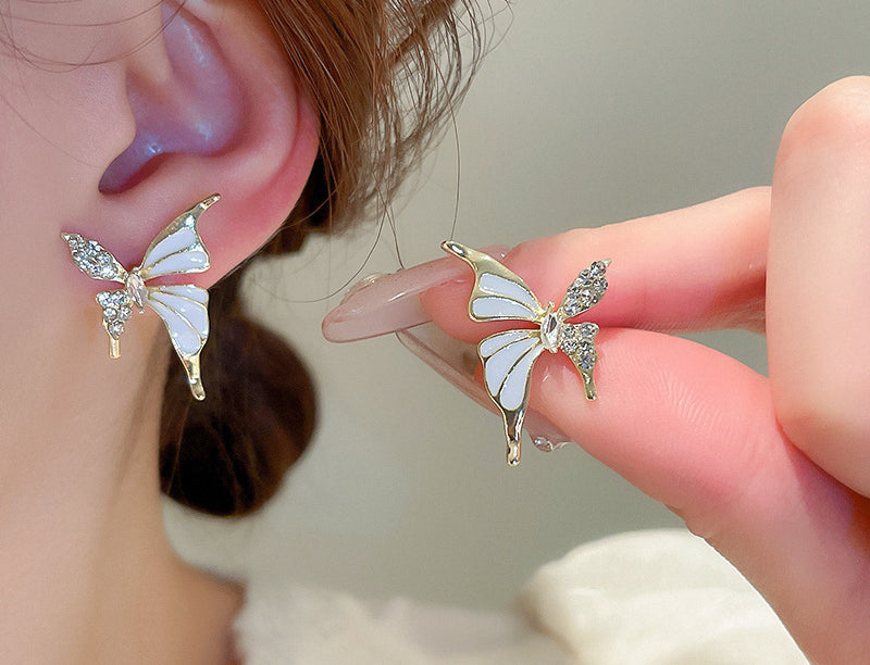 Luxury Dual-Tone Butterfly Zircon Stud Earrings for Women – Elegant Silver & Gold Fashion Jewelry