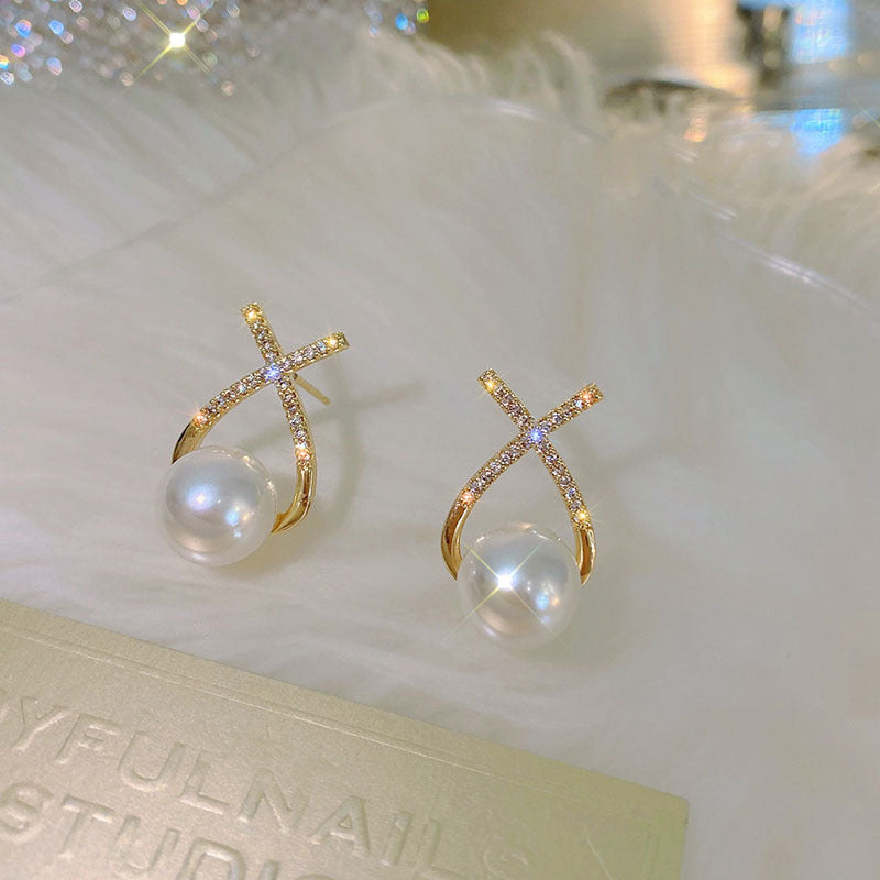 Elegant Golden Cross Pearl Zircon Earrings – Unique Stud Design | Fashion Luxury Earrings for Women